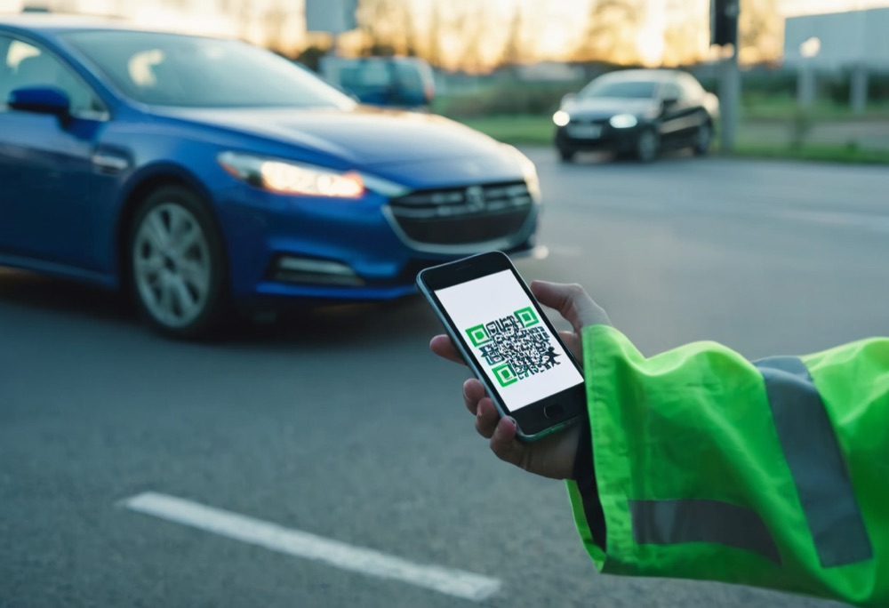 Operador de colete hi-vis lê o QR de um veículo no portão, com um carro a aproximar-se.